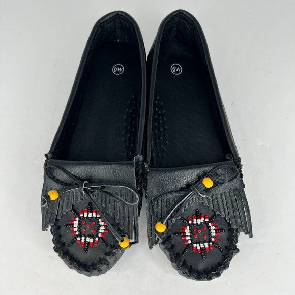 Valley Lane Womens Black Beaded Moccasins Slip On Flats Leather Size 6W Loafers - Picture 4 of 9